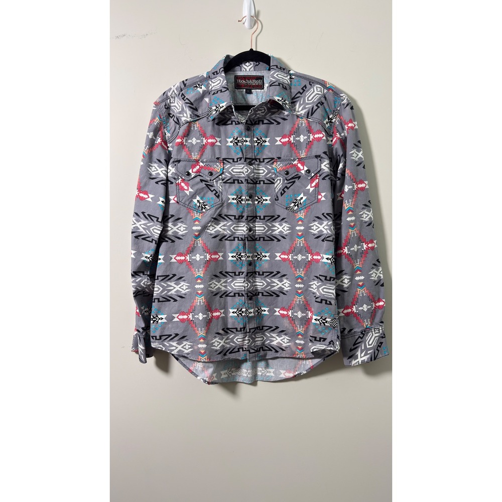 Rock & Roll Cowboy Shirt Gray Southwestern Geometric Western Mens Large B2S2315